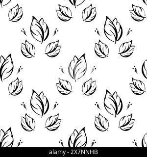 Seamless leaves pattern black contour. Endless botanical background, repeating print. Black and white natural texture for fabric, textile design. Vect Stock Vector