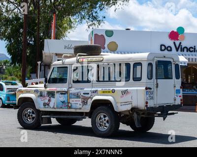 May 2024, Lengthen Land Rover 110 Defender used for off road safaris in Latsi, Cyprus. Stock Photo