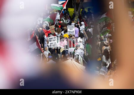 Los Angeles, USA. 19th May, 2024. Pro-Palestinian protesters march down Wilshire Blvd. in Los Angeles, Calif., on Sunday, May 19, 2024. The peaceful protest, which had about 30 organizations involved, marched to the Israeli Consulate from the Wilshire Federal Building to demand a ceasefire in Gaza. (Photo by Caylo Seals/Sipa USA) Credit: Sipa USA/Alamy Live News Stock Photo