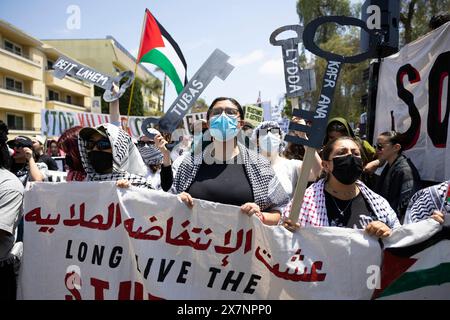 Los Angeles, USA. 19th May, 2024. Pro-Palestinian protesters march toward Wilshire Blvd. in Los Angeles, Calif., on Sunday, May 19, 2024. The peaceful protest, which had about 30 organizations involved, marched to the Israeli Consulate from the Wilshire Federal Building to demand a ceasefire in Gaza. (Photo by Caylo Seals/Sipa USA) Credit: Sipa USA/Alamy Live News Stock Photo