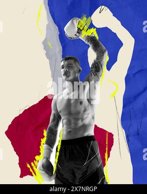 Champion. Muscular man, boxing athlete raising one hand upwards, showing victory. Abstract background. Contemporary art collage. Stock Photo