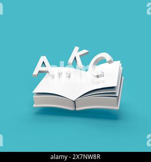 Opened book with alphabet letters - stylized 3d CGI icon object, Not gen Ai Stock Photo