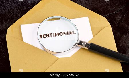 TESTIMONIAL written on a white sheet of paper through a magnifying glass on the background of a postal envelope Stock Photo