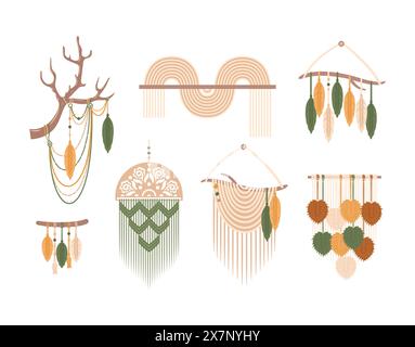 Macrame panels, boho. Handmade. Hobbies, interests. Interior design, decor. Wellness meditation Vector illustration in flat style Lace knots Stock Vector
