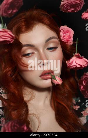 Red-haired woman with striking blue eyes looks away, surrounded by delicate pink roses Stock Photo