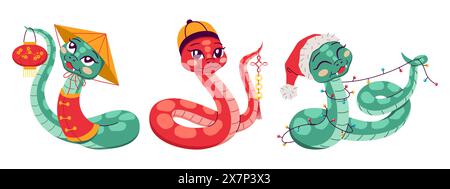 Cute snakes representing Chinese zodiac year 2D cartoon characters set. Reptiles with Asian accessories isolated vector animals on white Stock Vector