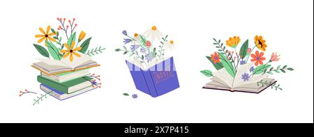 Books with flowers bouquets 2D linear cartoon objects set. Literature with blooming flora isolated line vector elements white background Stock Vector