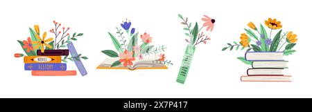 Books with flowers bouquets 2D linear cartoon objects set. Literature with blooming flora isolated line vector elements white background Stock Vector