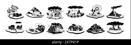 Natural disasters variation black and white 2D cartoon objects set. Accidents surviving isolated vector monochrome items collection Stock Vector