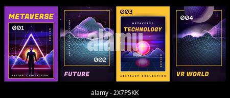 Retro futuristic poster with laser grid mountains, sunset, planet on wireframe background. Vector retrowave cover of 80s landscape with synthwave neon light triangle, man silhouette in vaporwave style Stock Vector
