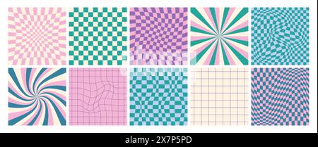 Square twisted psychedelic checkerboard set with distorted grid. Groovy checkered seamless pattern in trendy y2k style. Retro warped chessboard with mosaic tile, swirl, twirl, spiral distortion effect Stock Vector