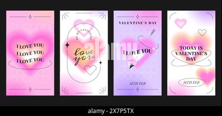 Vector happy valentine's day greeting cards set with gradient aura pink hearts. Love covers with romantic blurred romantic symbol. Minimalist aesthetic poster or invitation banner in trendy y2k style. Stock Vector