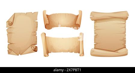 Old parchment paper scrolls, page, aged sheet surface, map, book blank isolated in white backgrund. History ancient document. Vector illustration Stock Vector
