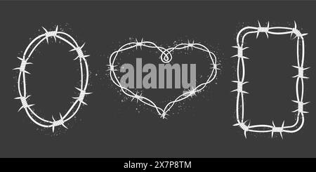 Barbed wire set twisted frames y2k, borders tattoo, gothic textured steel frame, spiky oval barrier, white silhouette isolated on dark background. Vector illustration Stock Vector