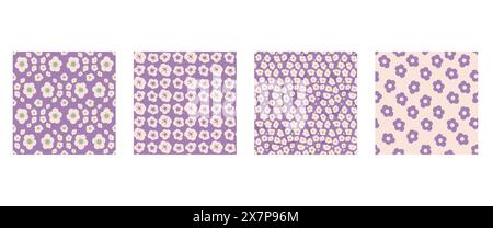 Simple wild flowers seamless patterns set. Floral endless backgrounds collection. Flower ornament tile. Naive botanic repeat cover. Vector flat hand d Stock Vector