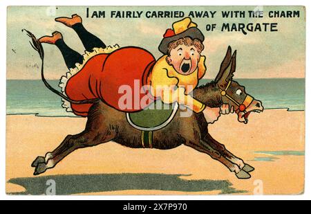 Original funny Edwardian seaside postcard of Edwardian lady on runaway donkey, 'carried away with the charm of Margate'. Margate was a typical popular traditional British holiday resort in Kent, England, U.K. Postcard is dated / posted 24 August 1910 Stock Photo