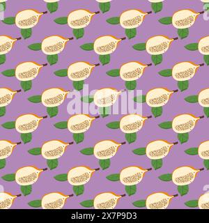 Sweet granadilla half fruit seamless pattern. Tropical fruits food endless background. Yellow passion fruit repeat cover. Exotic healthy snack loop or Stock Vector