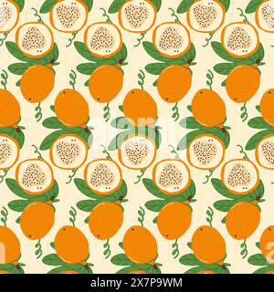Seamless pattern featuring yellow passion fruit clusters with leaves. Granadilla half and whole fruit seamless pattern. Exotic sweet grenadia loop orn Stock Vector
