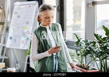 Attractive businesswoman, in a green vest, engrossed in her cell phone. Stock Photo
