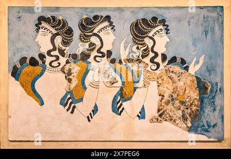 Ladies in Blue fresco, Minoan Neopalatial period, found in Knossos palace, 1600-1400 BC, Heraklion Archaeological Museum, Greece Stock Photo