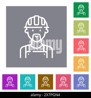 Worker avatar outline flat icons on simple color square backgrounds Stock Vector