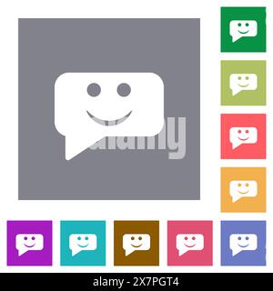 Rounded square smiling chat bubble solid flat icons on simple color square backgrounds Stock Vector