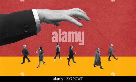 Gina hands in business suit holding string connecting to people, showcasing manipulation, pressure and control of society. Contemporary art collage. Stock Photo