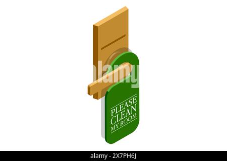 Isometric hotel handles with hanging sign. Label on a door handle. Concept hotel, travel, room Stock Vector