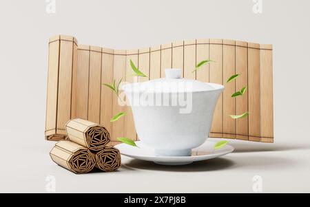 Chinese ancient teapot and teacup with tea leaves, 3d rendering. 3D illustration. Stock Photo