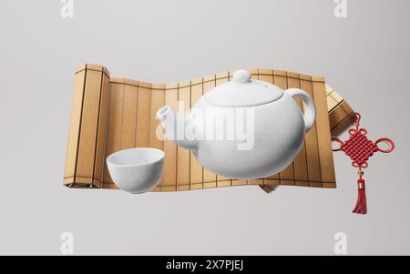 Chinese style teapot and teacup, 3d rendering. 3D illustration. Stock Photo