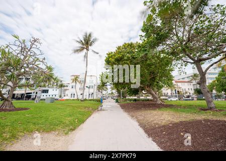 Miami Beach FL USA. View down 11th Street on Ocean Drive pedestrian pathway 2024 photo Stock Photo