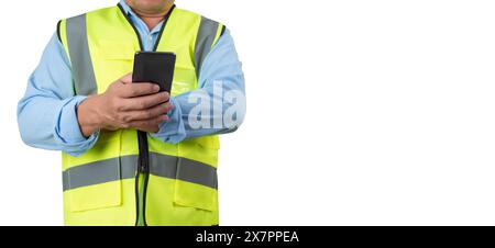 Civil engineer architect Using a smartphone to communicate and give orders to the construction team, Engineer building concept, Background for constru Stock Photo