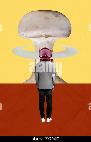 Composite sketch image artwork photo collage of young guy incognito stand back wear helmet look watch big explosion like mushroom Stock Photo