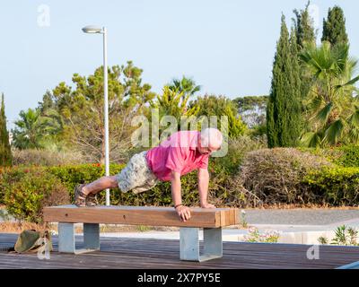 May 2024, 67 year old English guy doing his morning exercises near Pegeia, Pafos, Cyprus. Stock Photo