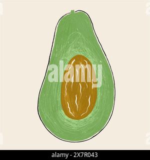 Illustration of a halved avocado showing the creamy flesh and large brown seed, on a beige background. Stock Photo
