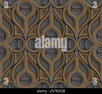 3D Wallpaper Gothic architecture stained glass gray, black and mint color decor on the edges. High quality seamless realistic texture Stock Photo