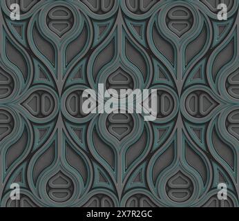 3D Wallpaper Gothic architecture stained glass gray, black and mint color decor on the edges. High quality seamless realistic texture Stock Photo