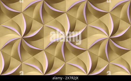 Golden hexagons stylized in the form of decorative convex modules resembling flowers with pink leaves. High quality image for print 300dpi Stock Photo