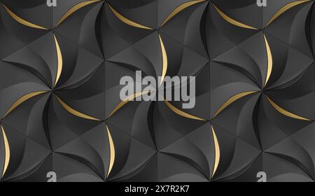 This image features a seamless pattern of gray hexagons, arranged to create a stylized floral effect, accented with elegant golden lines. Stock Photo