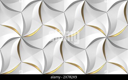 This image features an abstract, decorative pattern of stylized gray hexagons arranged to form convex modules resembling flowers, with gold accents en Stock Photo
