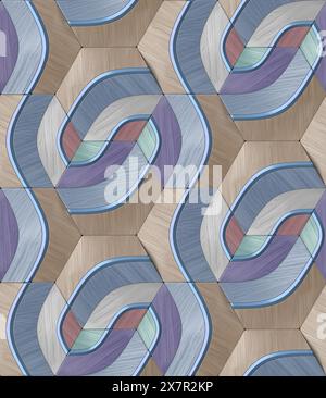 This is a 3D illustration of a seamless geometric pattern that features a complex arrangement of shapes with a wood grain texture, perfect for backgro Stock Photo