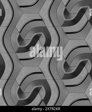 This 3D illustration depicts a monochrome geometric seamless pattern, featuring a stylish blend of curves and angular shapes in grayscale tones. Stock Photo