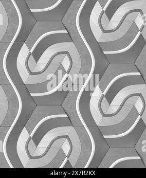 Abstract seamless 3D pattern with interlocking shapes creates a mesmerizing and modern design in monochrome tones, perfect for backgrounds or wallpape Stock Photo