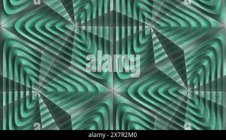 An intricate 3D seamless wallpaper pattern inspired by the GeoModule and Flowers of Life, presenting a mesmerizing symmetrical design in shades of gre Stock Photo