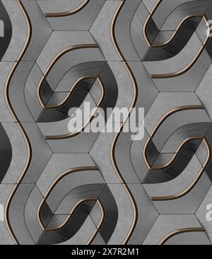 This 3D illustration showcases a monochromatic geometric seamless pattern with dynamic curves and lines on a textured background, perfect for modern d Stock Photo
