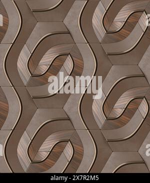 An intricately designed 3D illustration showcasing a seamless geometric pattern that blends wooden textures and undulating shapes, creating a mesmeriz Stock Photo