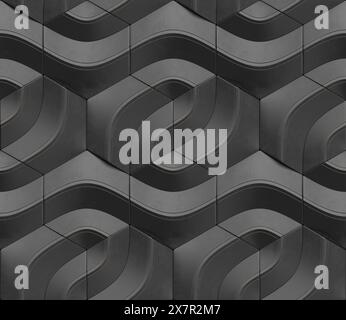 Geometric seamless 3D pattern in black with gold edges. Sign series. 3d illustration. Stock Photo