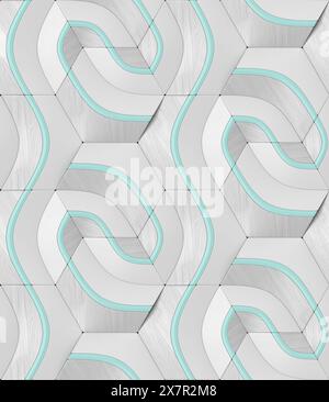 This image features a seamless geometric 3D pattern, rendered as a 3D illustration, with elegant curves and wood texture details. Stock Photo