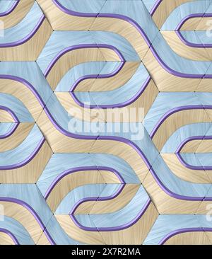 This 3D illustration depicts a seamless geometric pattern combining wood textures and fabric-like waves in subtle hues. Stock Photo