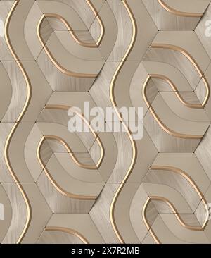 This image features an elegant and seamless 3D geometric pattern with a wooden texture and gold accents, suitable for backgrounds or wallpapers. 3D il Stock Photo